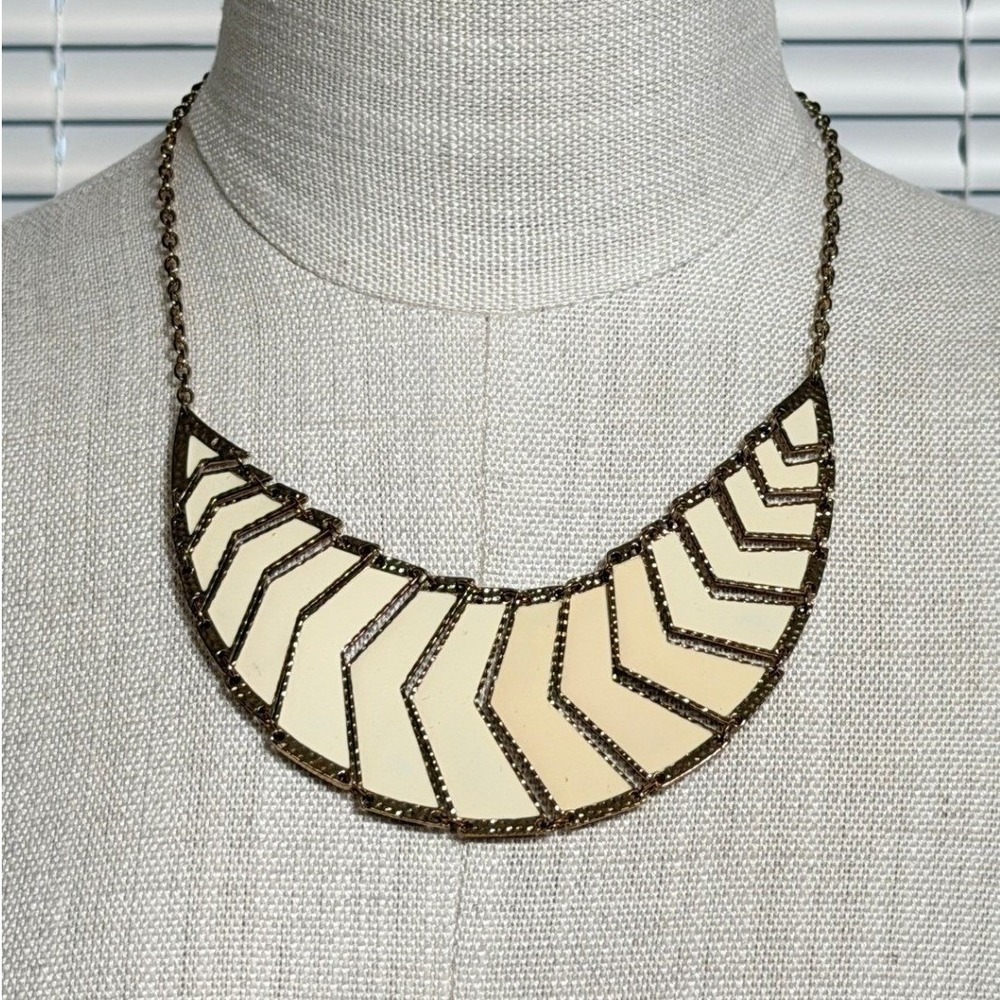 Aldo Statement Necklace Cream Tan Gold Bib Geometric Boho Art Deco Structured